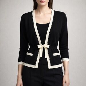VTG‎ Y2K Componix Tie Front Cardigan Black White Knit Minimalist S HongK